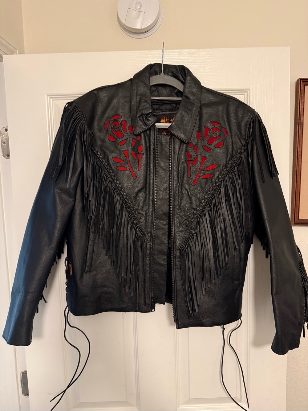 Black Leather Fringe Jacket with Red Rose Appliqué
